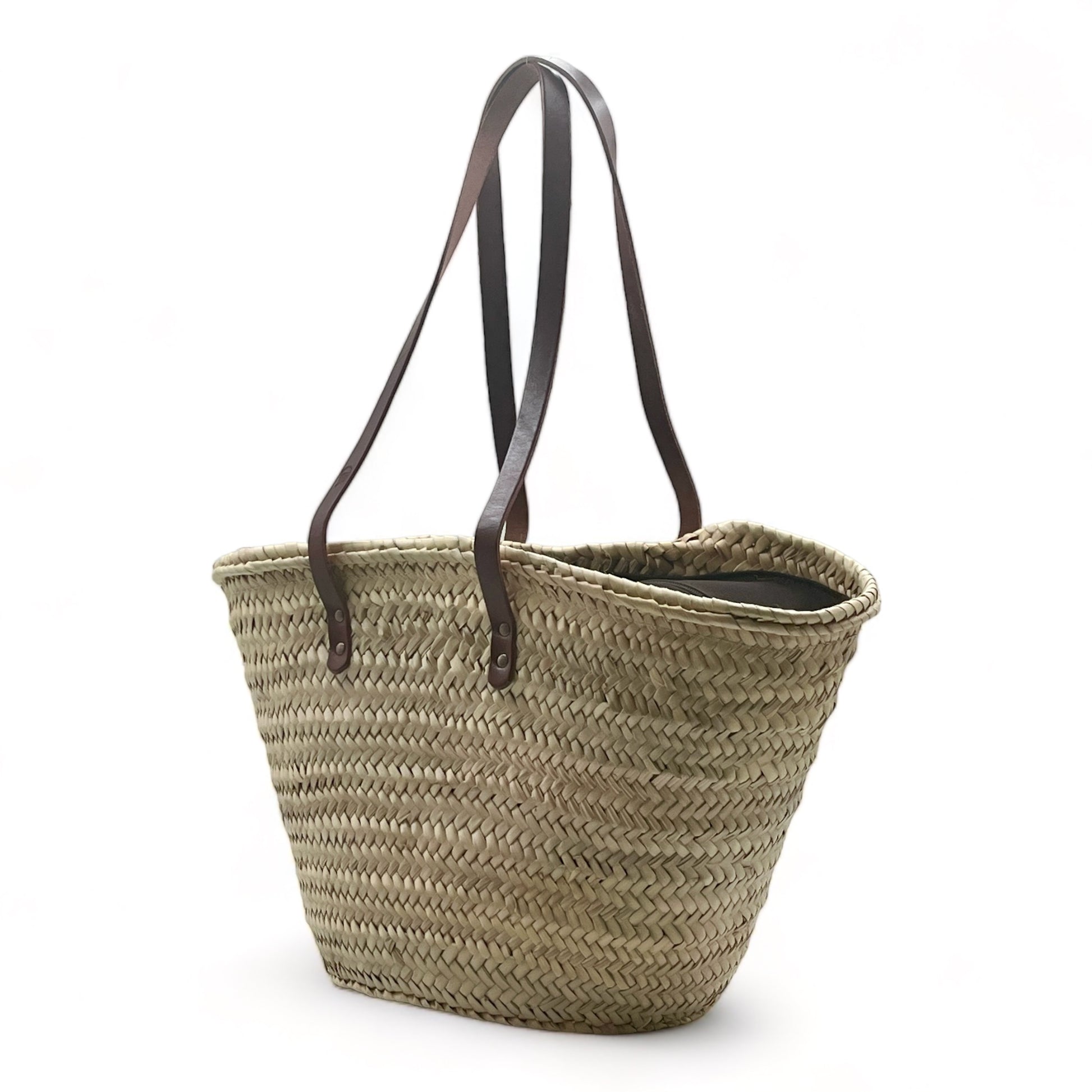 Bolso de palma para hombro con dos asas de cuero y con cremallera, ideal para llevar tus esenciales con estilo.