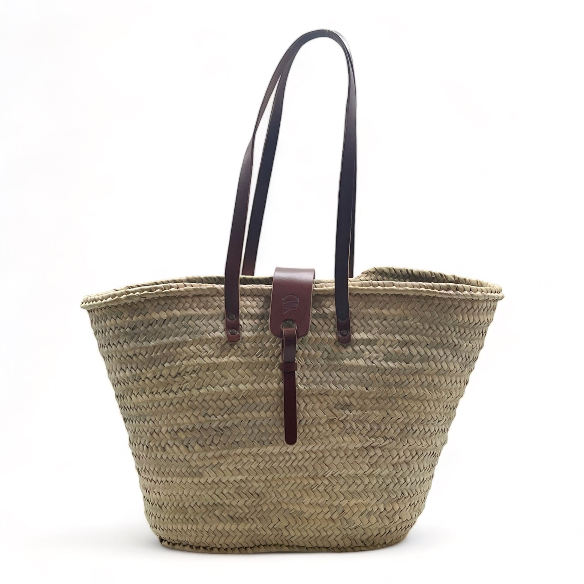 Bolso de playa de palma con asas de cuero, con cremallera y cierre de solapa, ideal para llevar tus esenciales con estilo.