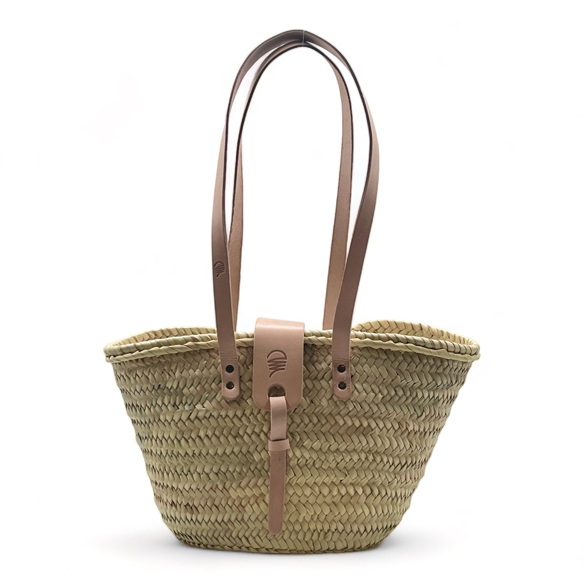 Capazo de playa de palma con asas de cuero, con cremallera y cierre de solapa, ideal para llevar tus esenciales con estilo.