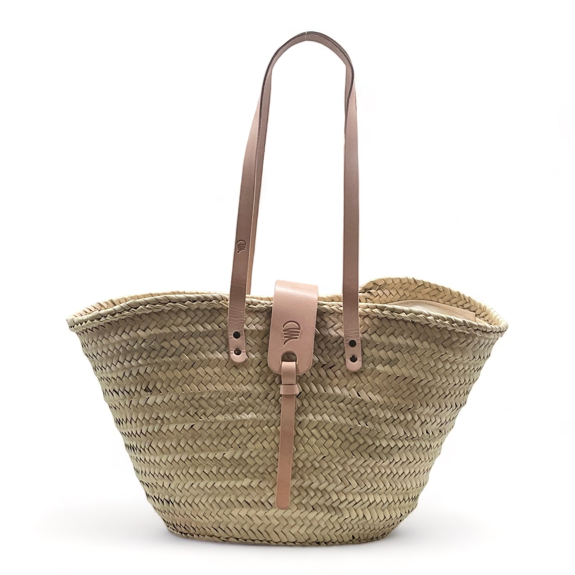 Capazo de playa de palma con asas de cuero, con cremallera y cierre de solapa, ideal para llevar tus esenciales con estilo.