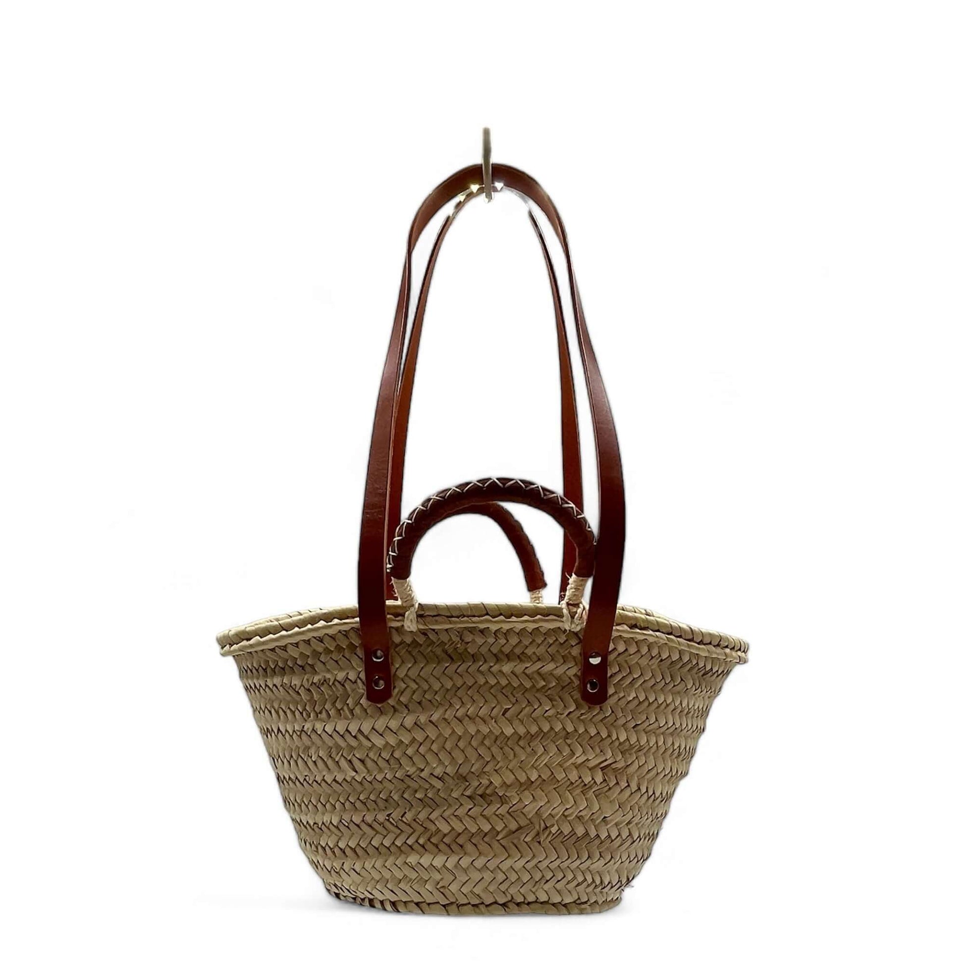 Bolso de playa de palma con asas de cuero, ideal para llevar a la playa o para uso diario.