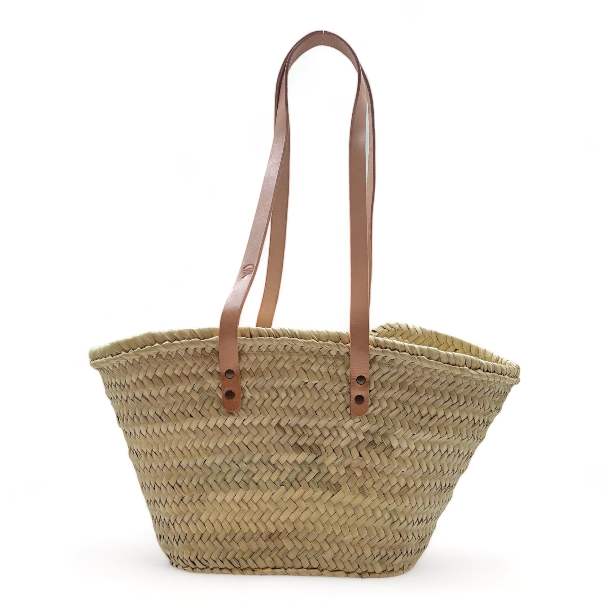 Capazo de palma para hombro con dos asas de cuero y con cremallera, ideal para llevar tus esenciales con estilo.