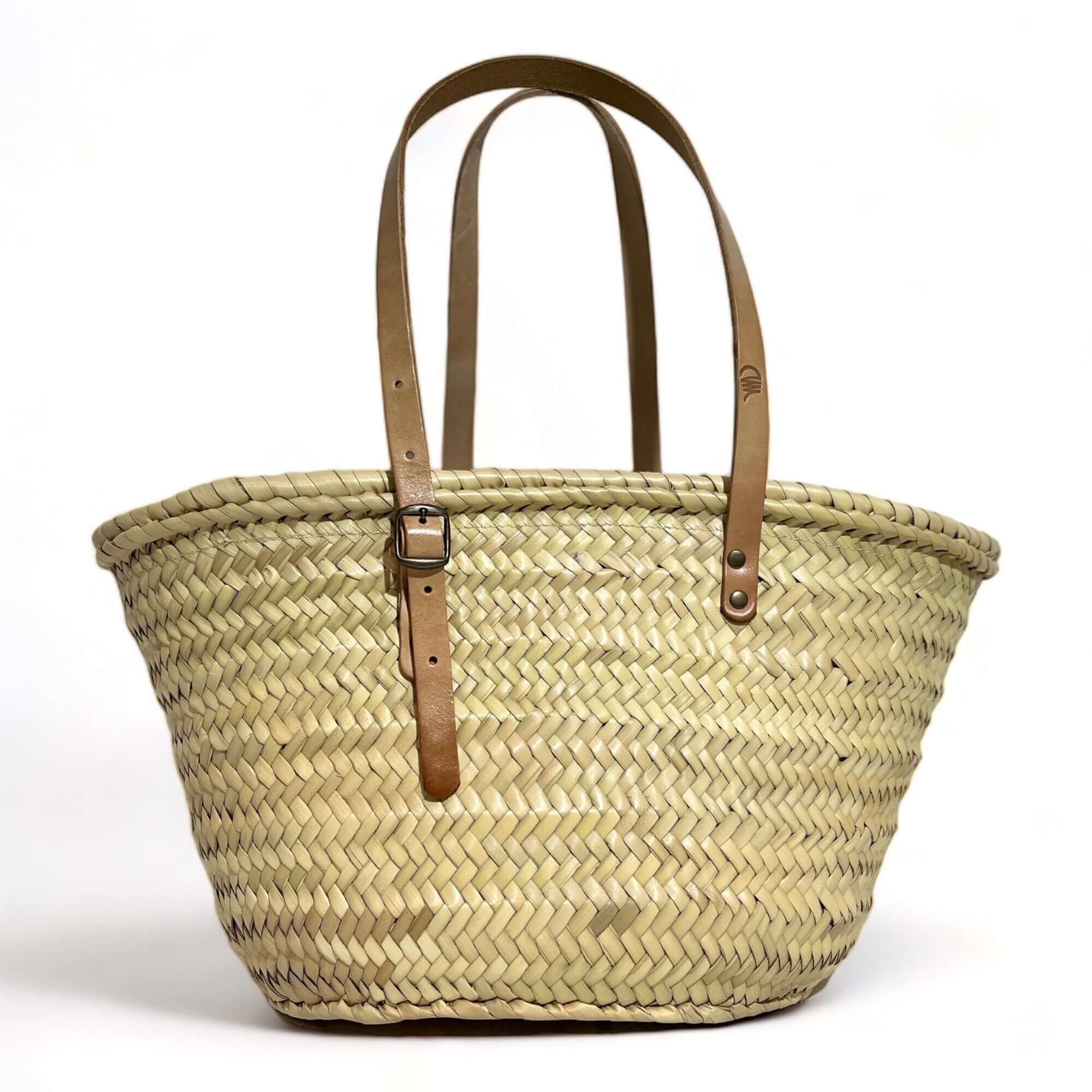 Bolso de paja con doble asa de cuero, estilo capazo, perfecto para el uso diario y la playa.