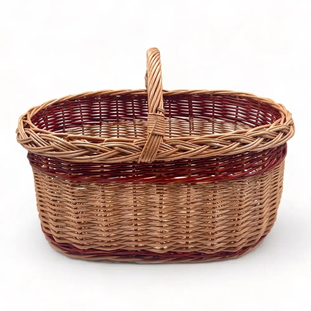 Cesta de mimbre grande con asa, perfecta para almacenamiento y decoración de setas, tamaño mediano y forma circular.
