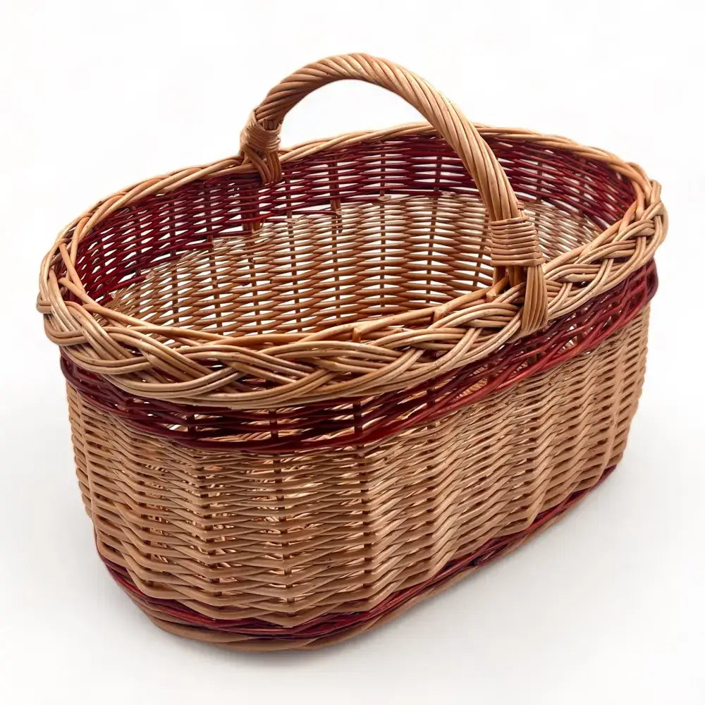 Cesta de mimbre grande con asa, perfecta para almacenamiento y decoración de setas, tamaño mediano y forma ovalada.