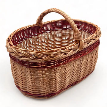 Cesta de mimbre grande con asa, perfecta para almacenamiento y decoración de setas, tamaño mediano y forma ovalada.