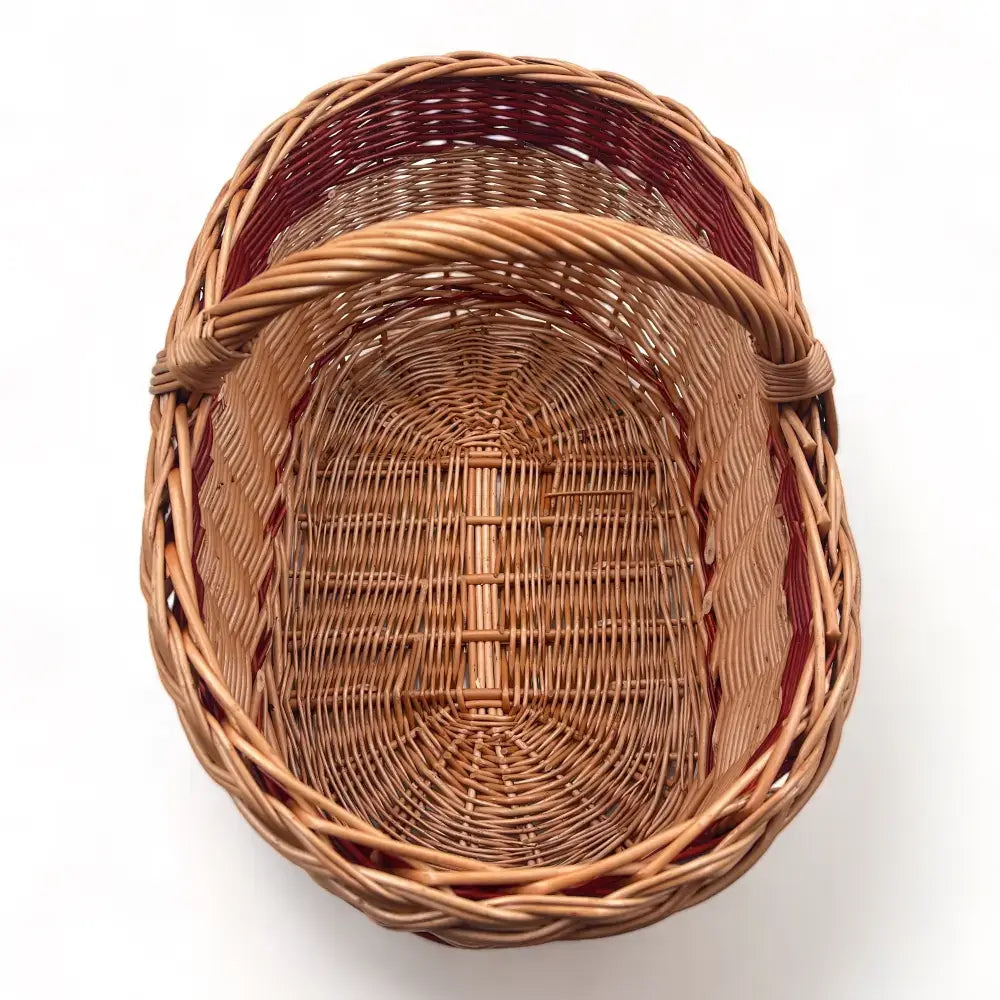 Cesta de mimbre grande con asa, perfecta para almacenamiento y decoración de setas, tamaño mediano y forma circular.