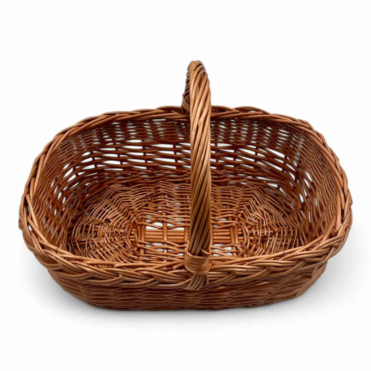 Cesta de mimbre rectangular ideal para recolectar setas, con dimensiones de 42x27x16 cm.
