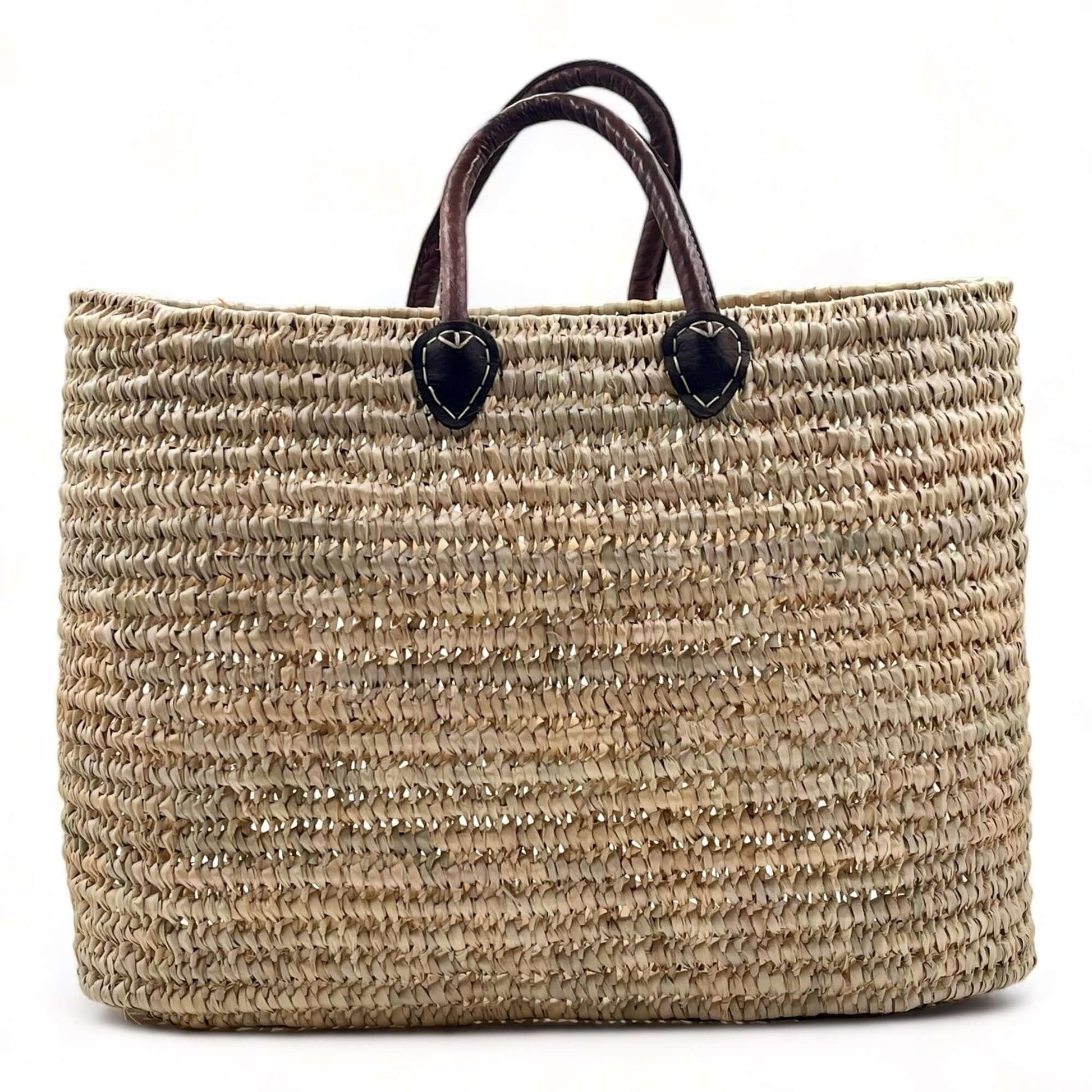 Capazo de playa grande y original de palma con asas de cuero, ideal para ir a la playa o uso diario.