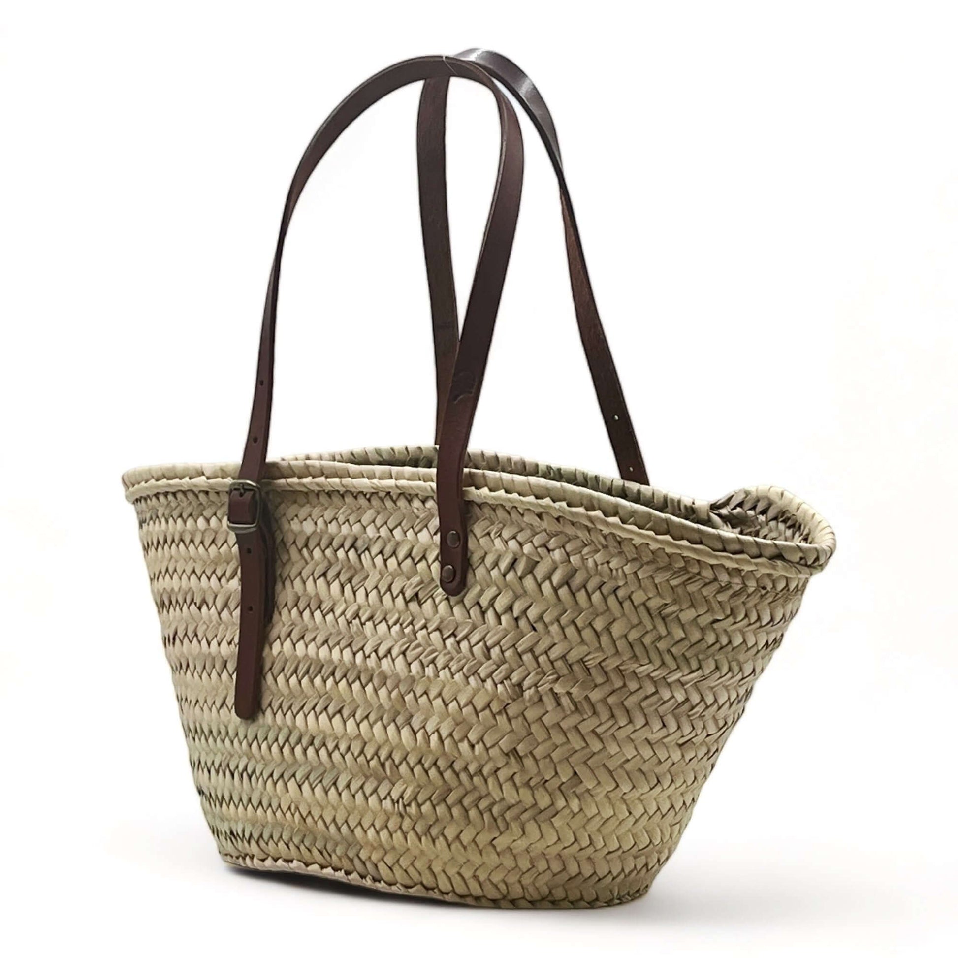 Bolso de paja con doble asa de cuero, estilo capazo, perfecto para el uso diario y la playa.