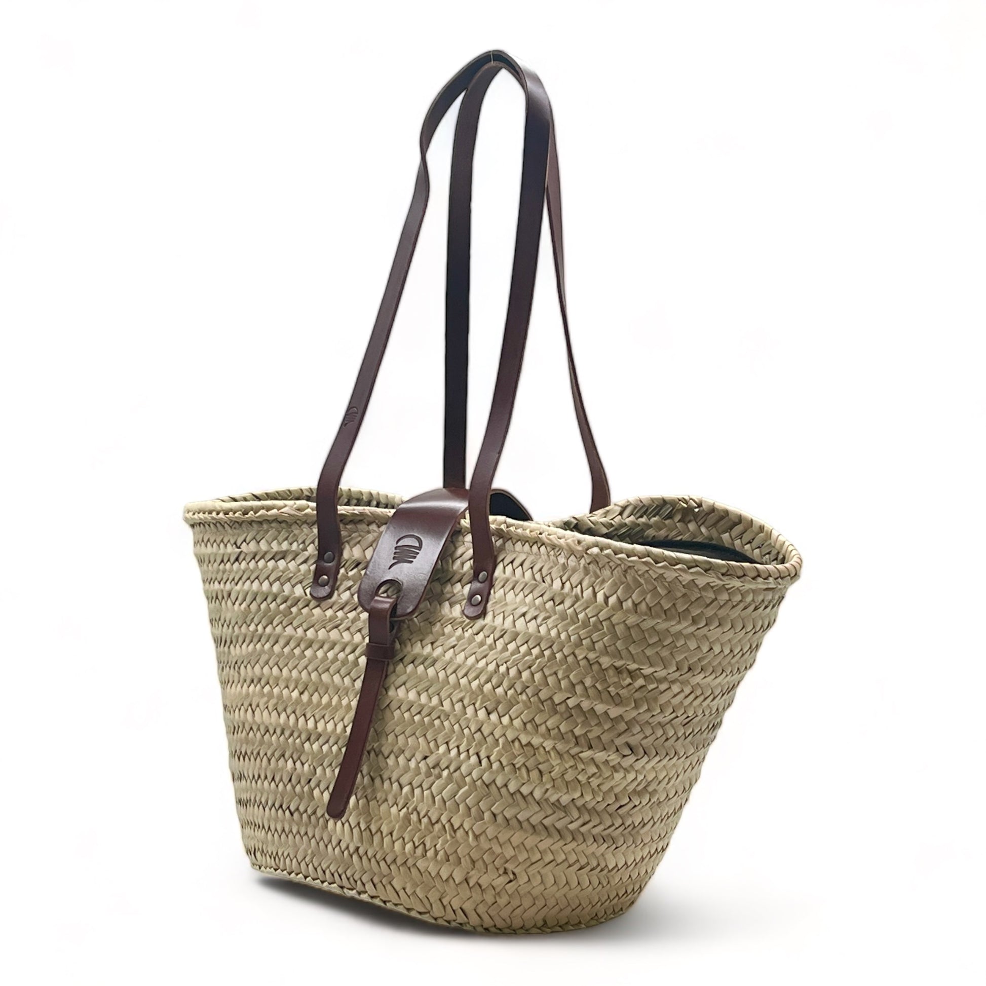 Bolso de playa de palma con asas de cuero, con cremallera y cierre de solapa, ideal para llevar tus esenciales con estilo.