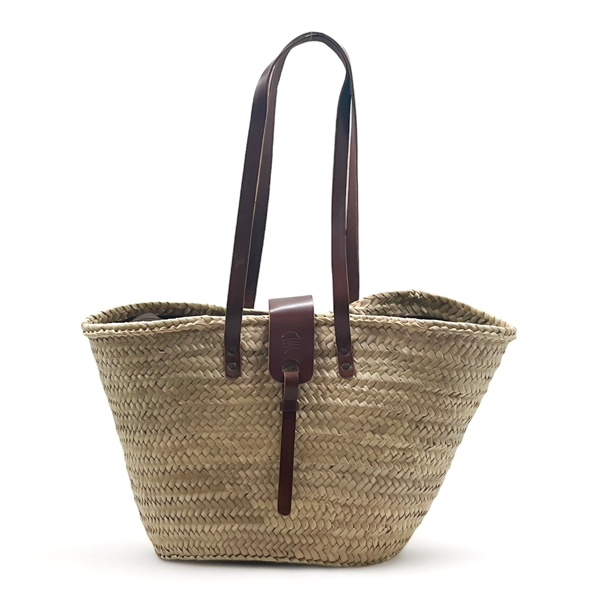 Bolso de playa de palma con asas de cuero, con cremallera y cierre de solapa, ideal para llevar tus esenciales con estilo.