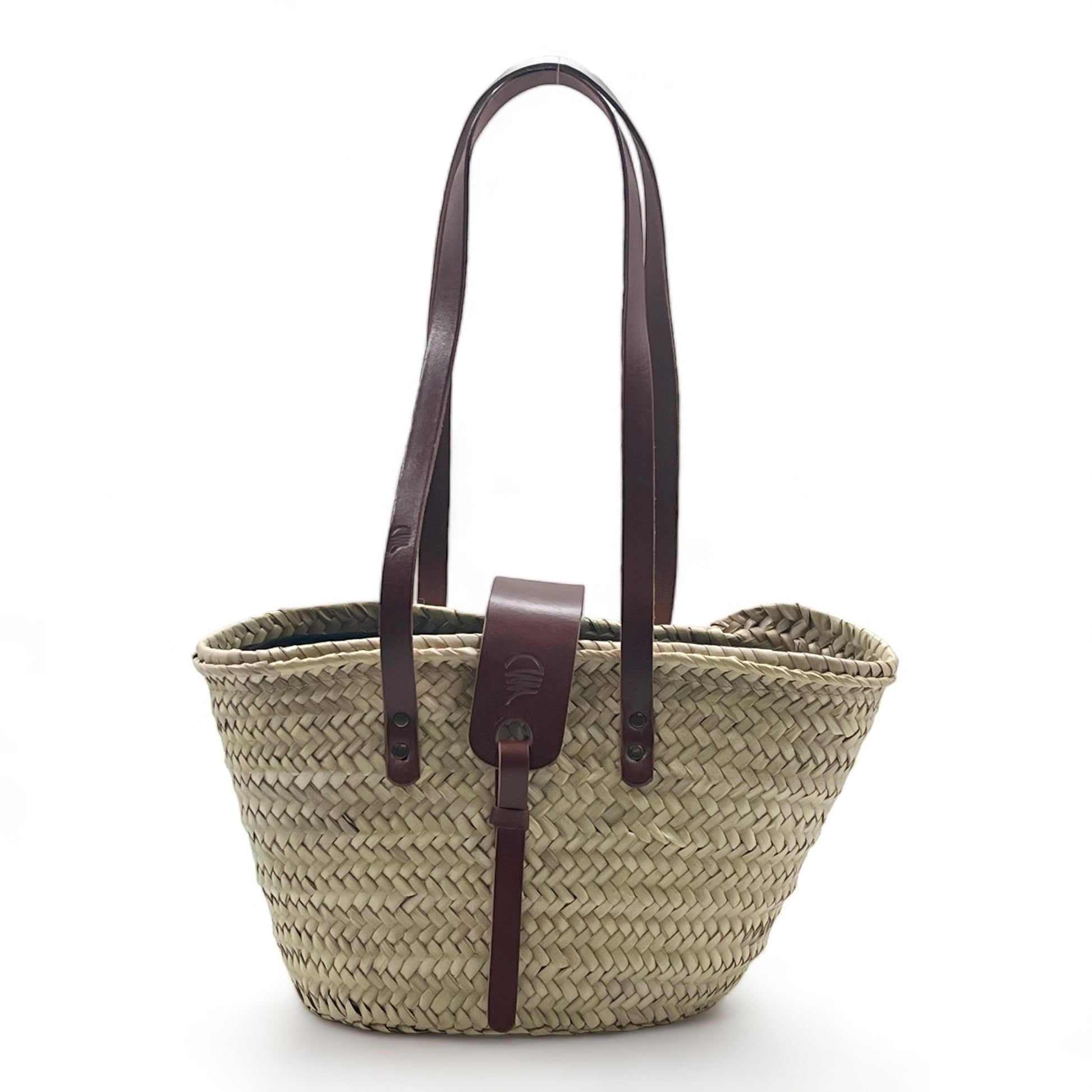 Bolso de playa de palma con asas de cuero, con cremallera y cierre de solapa, ideal para llevar tus esenciales con estilo.