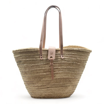 Capazo de playa de palma con asas de cuero, con cremallera y cierre de solapa, ideal para llevar tus esenciales con estilo.