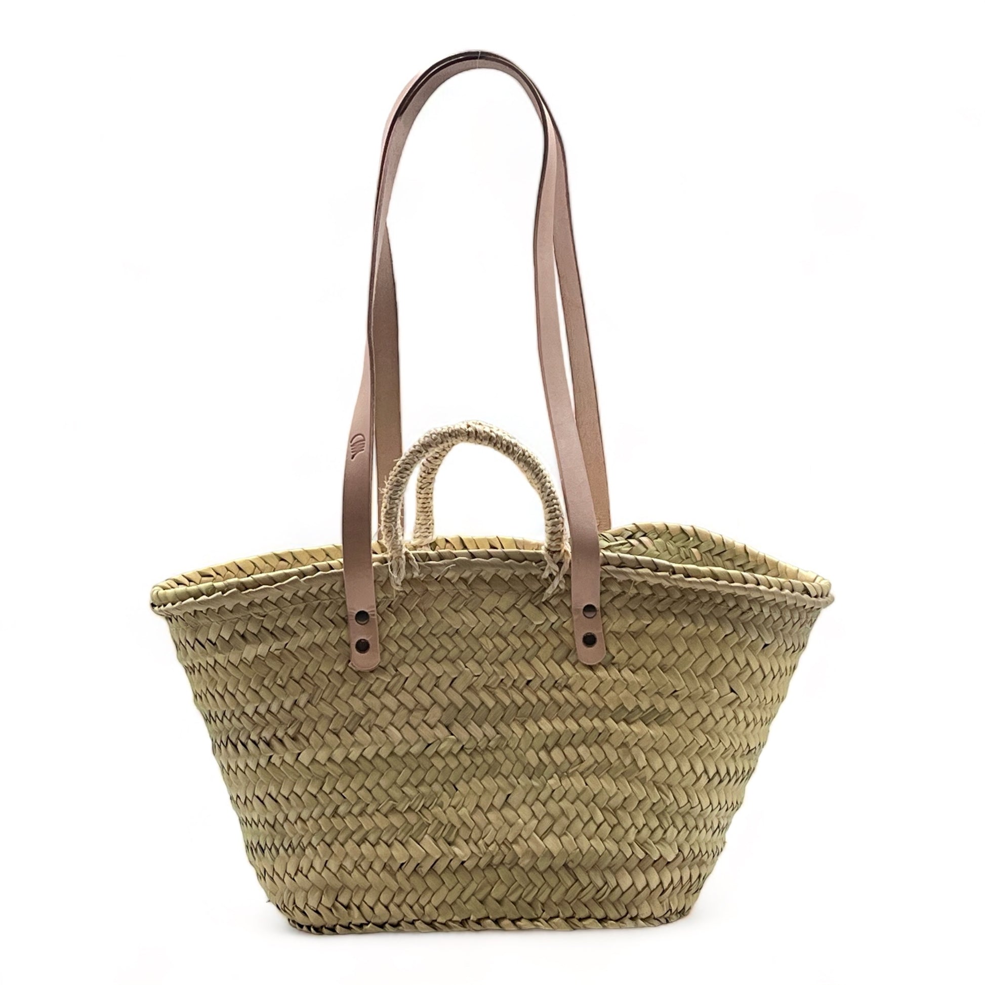 Capazo de paja  con dos asas de cuero y dos asas de palma , con cremallera, ideal para llevar tus esenciales con estilo.